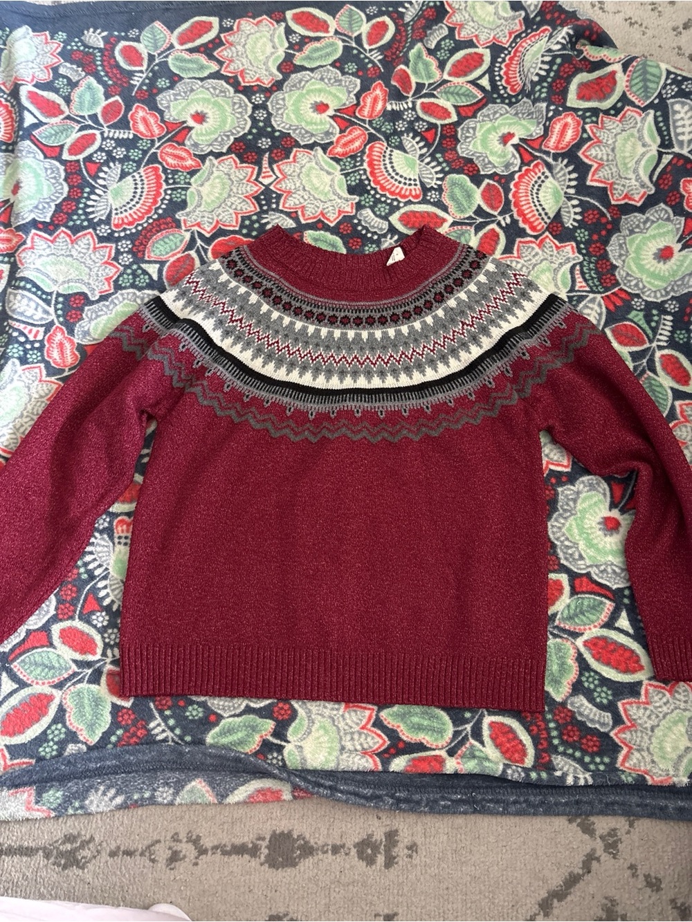 Weatherproof Burgundy Fair Isle Yoke Crew Neck Sweater